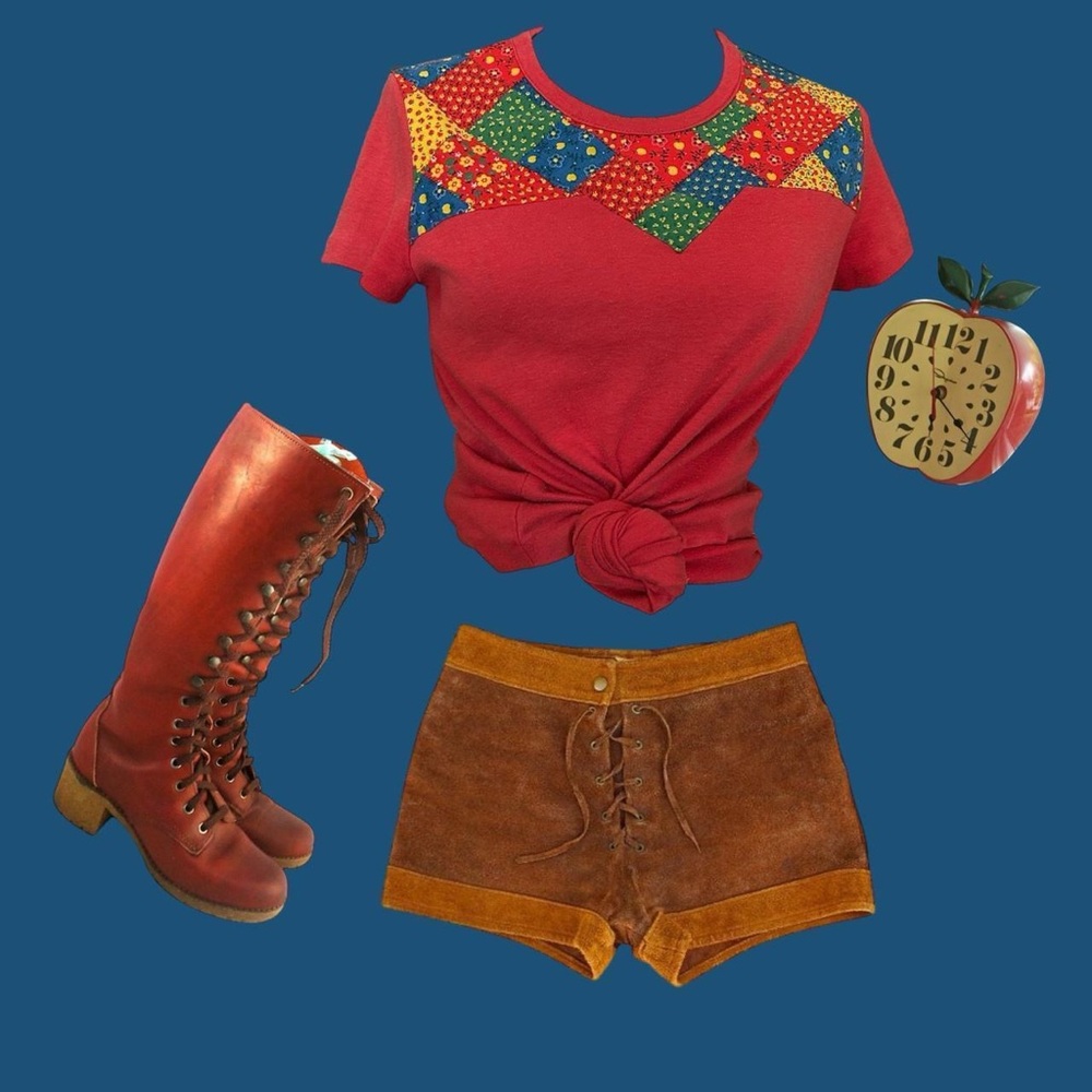 Vintage 1970s 70s red cotton patchwork baby tee t-shirt